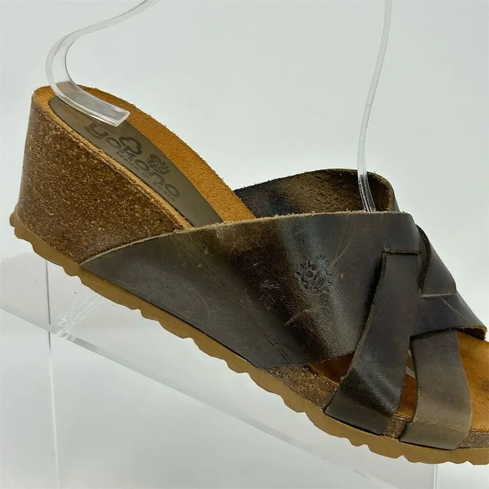 Yokono Women's Brown Leather Slip-On Wedge Sandals Size 9 Comfort Summer